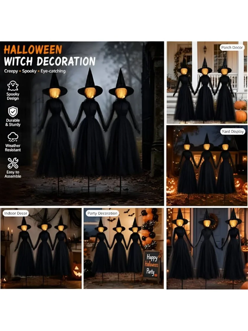 Halloween Decorations Outdoor, 6 FT Set of 3 Light Up Witches Holding Hands